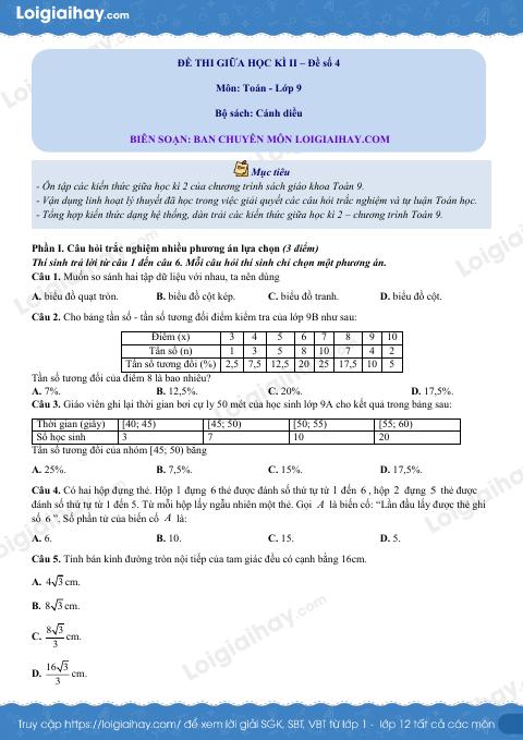 Đề thi giữa kì 2 Toán 9 Cánh diều - Đề số 4